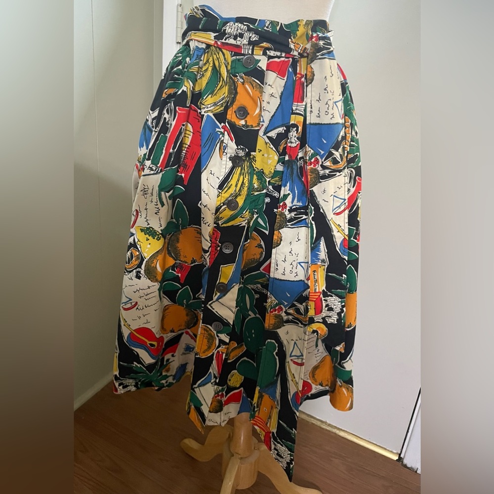 JCrew Tropical Fruits Travel  Postcard Print Full Cotton Summer Skirt Size 4